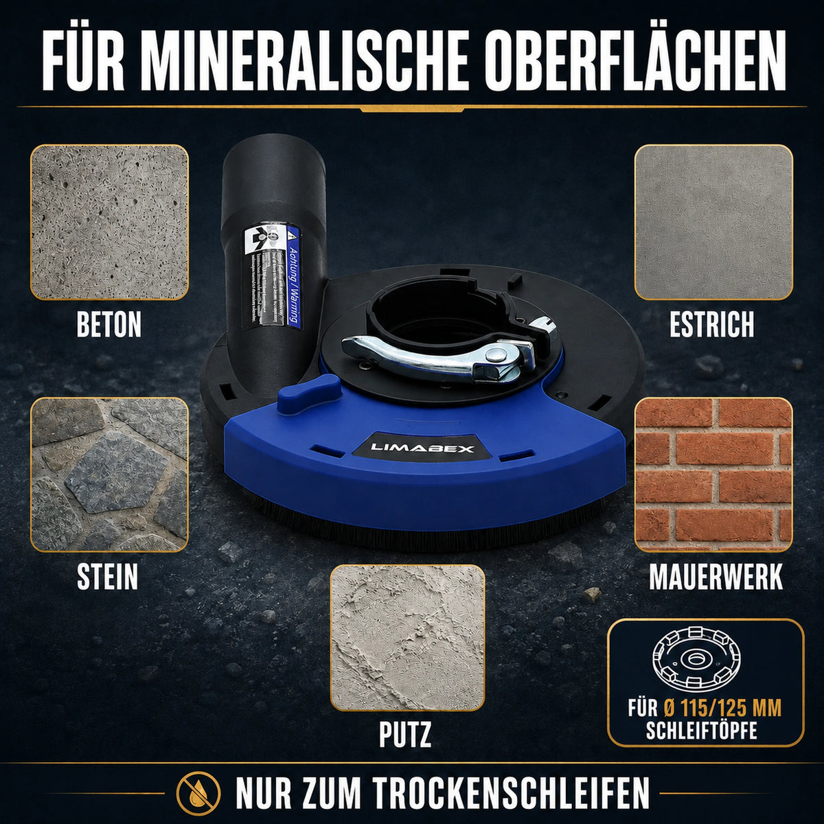 Absaughaube Winkelschleifer 125 Bürstenkranz Universal Adapterringe PRO Staubarm materialen