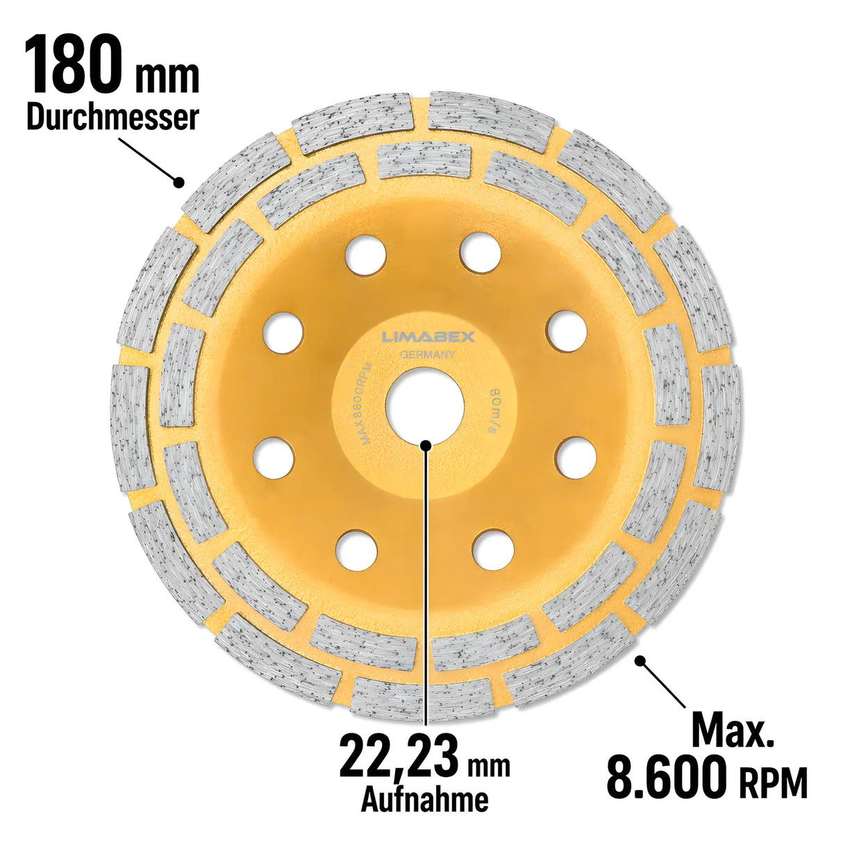 Maße Diamantschleiftopf 180mm doppelreihig