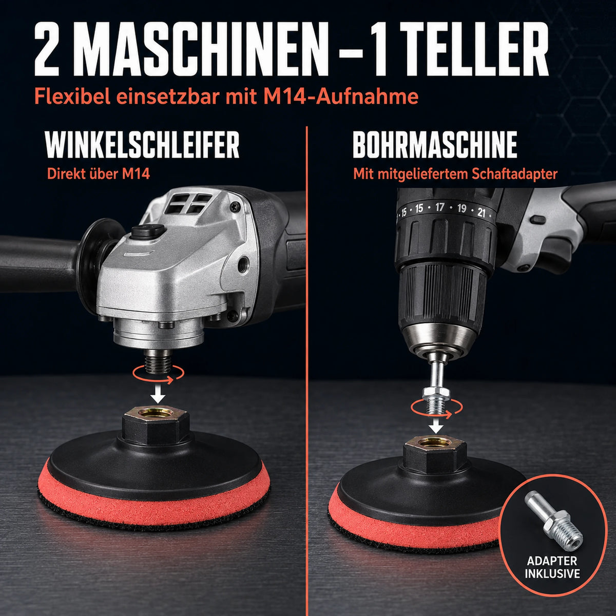 Klett Schleifteller Bohrmaschine Winkelschleifer Stützteller M14 Adapter 2 maschinen