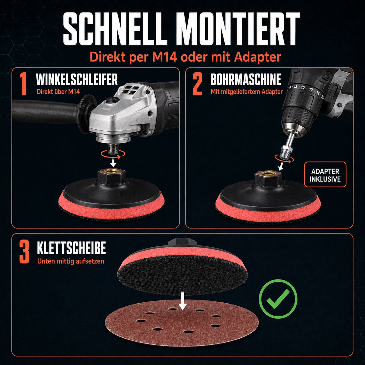 Klett Schleifteller  Bohrmaschine Winkelschleifer Stützteller M14 Adapter schnell